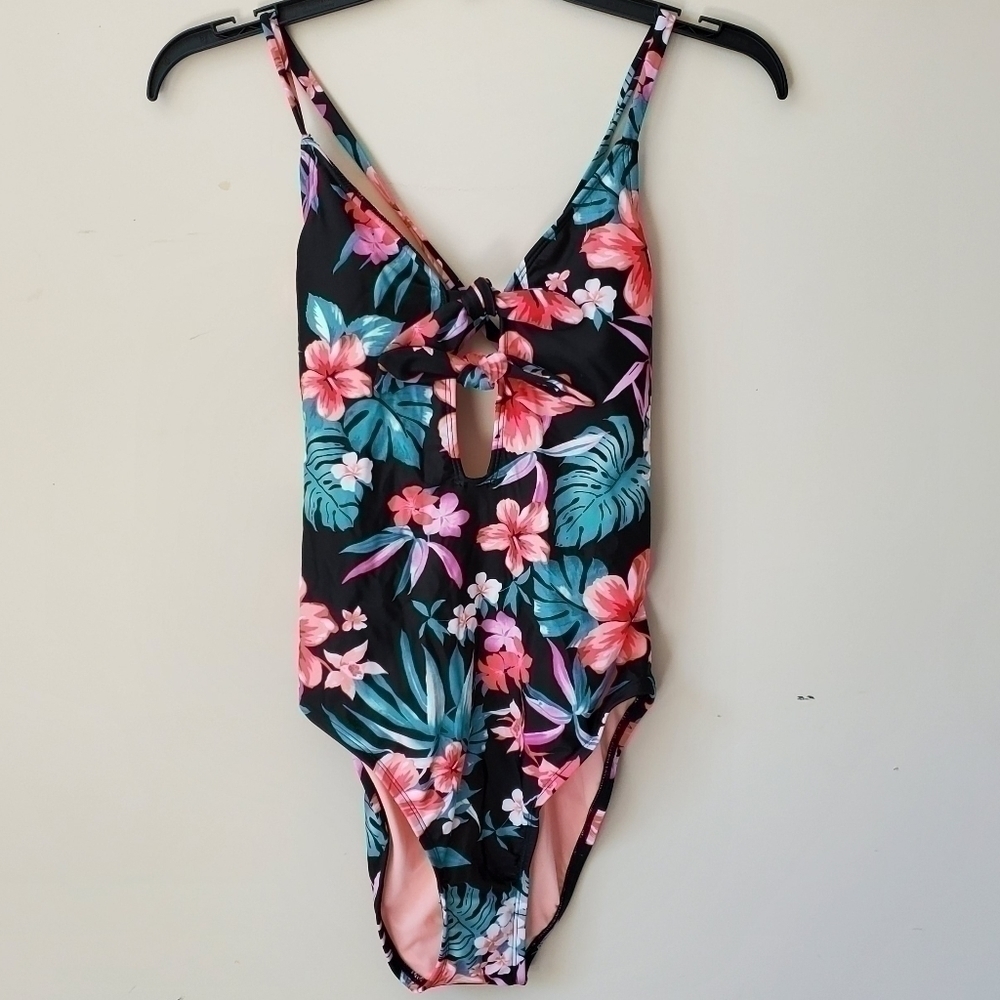 Floral tie front scoop back one-piece swim suit S - Picture 3 of 6